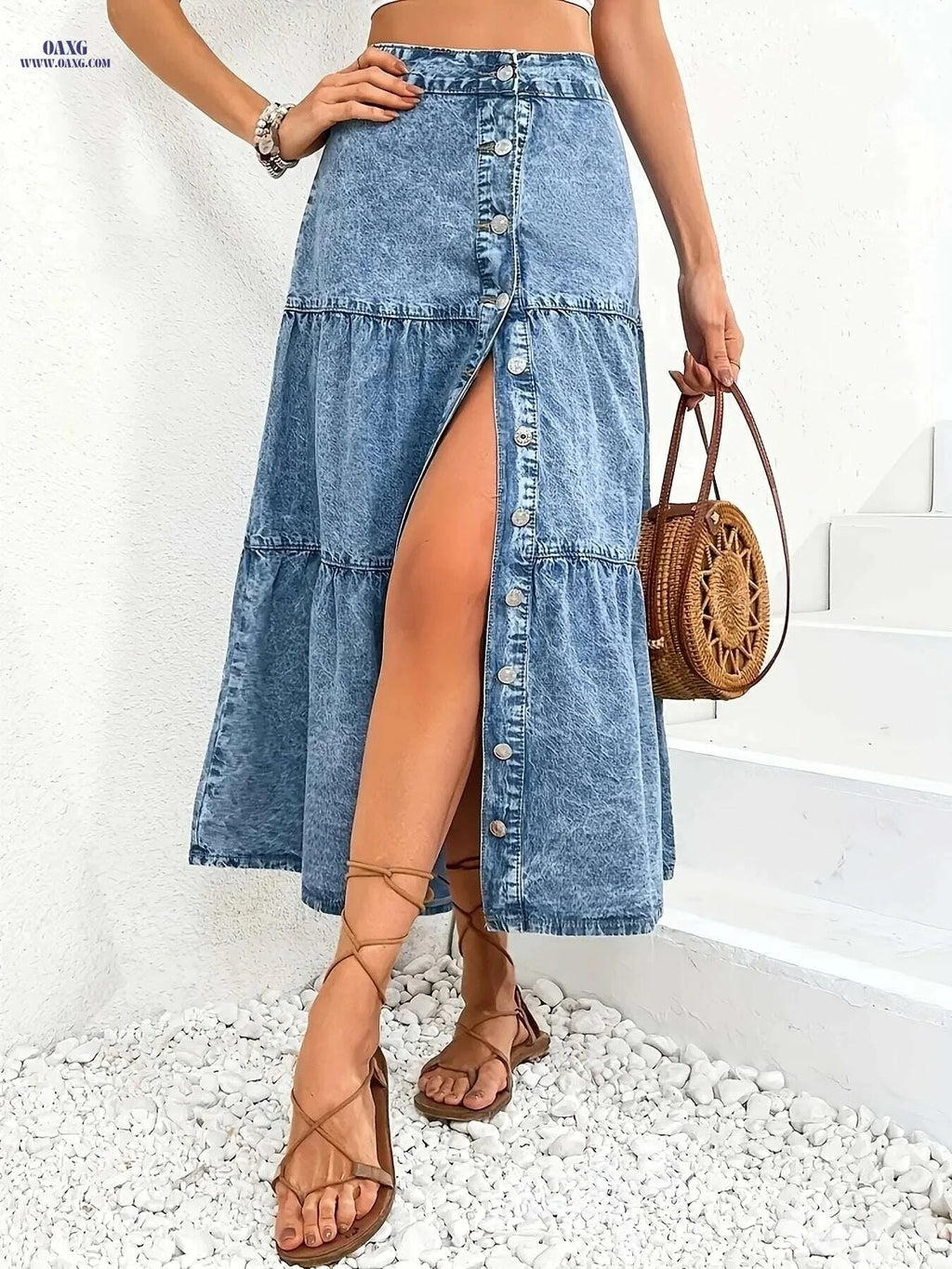 Vintage High-Waist Midi Denim Skirt - Pleated, Regular Fit Style   OAXG Bright Steel Blue / S