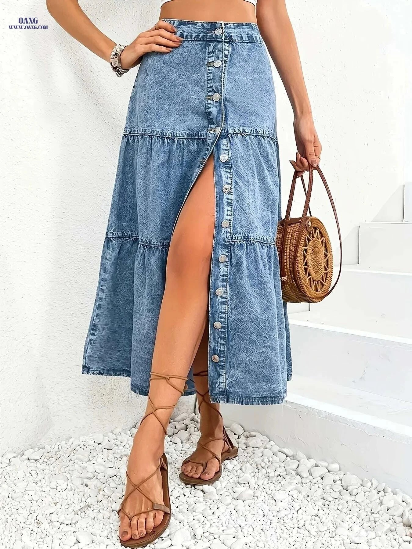 Vintage High-Waist Midi Denim Skirt - Pleated, Regular Fit Style   OAXG Bright Steel Blue / S