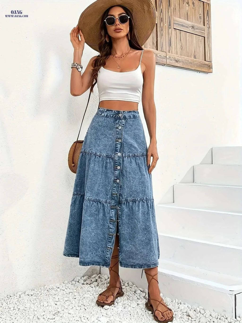 Vintage High-Waist Midi Denim Skirt - Pleated, Regular Fit Style   OAXG 