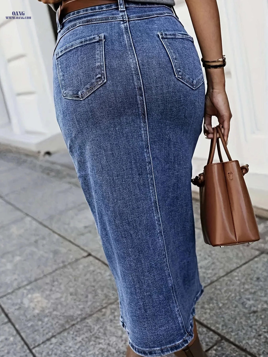 Vintage High-Waisted Denim Midi Skirt - Front Button & Regular Fit   OAXG 