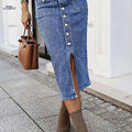 Vintage High-Waisted Denim Midi Skirt - Front Button & Regular Fit   OAXG Dark Blue / S