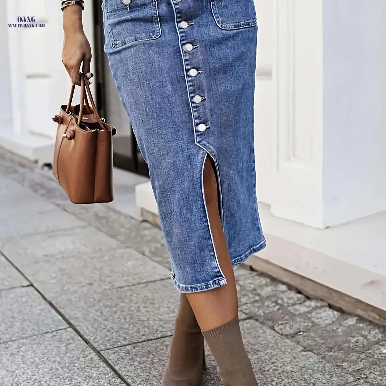 Vintage High-Waisted Denim Midi Skirt - Front Button & Regular Fit   OAXG Dark Blue / S