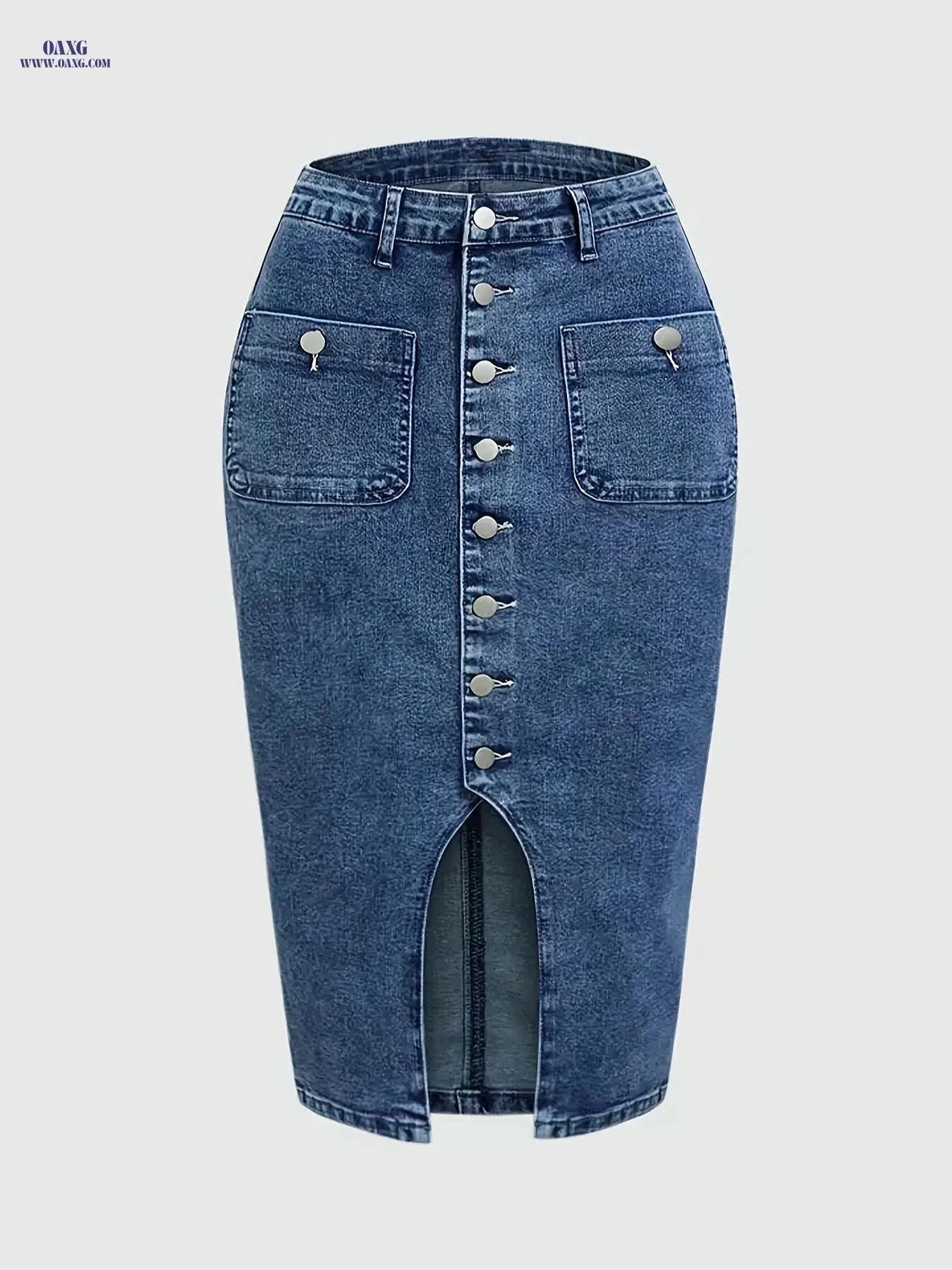 Vintage High-Waisted Denim Midi Skirt - Front Button & Regular Fit   OAXG Dark Blue / S