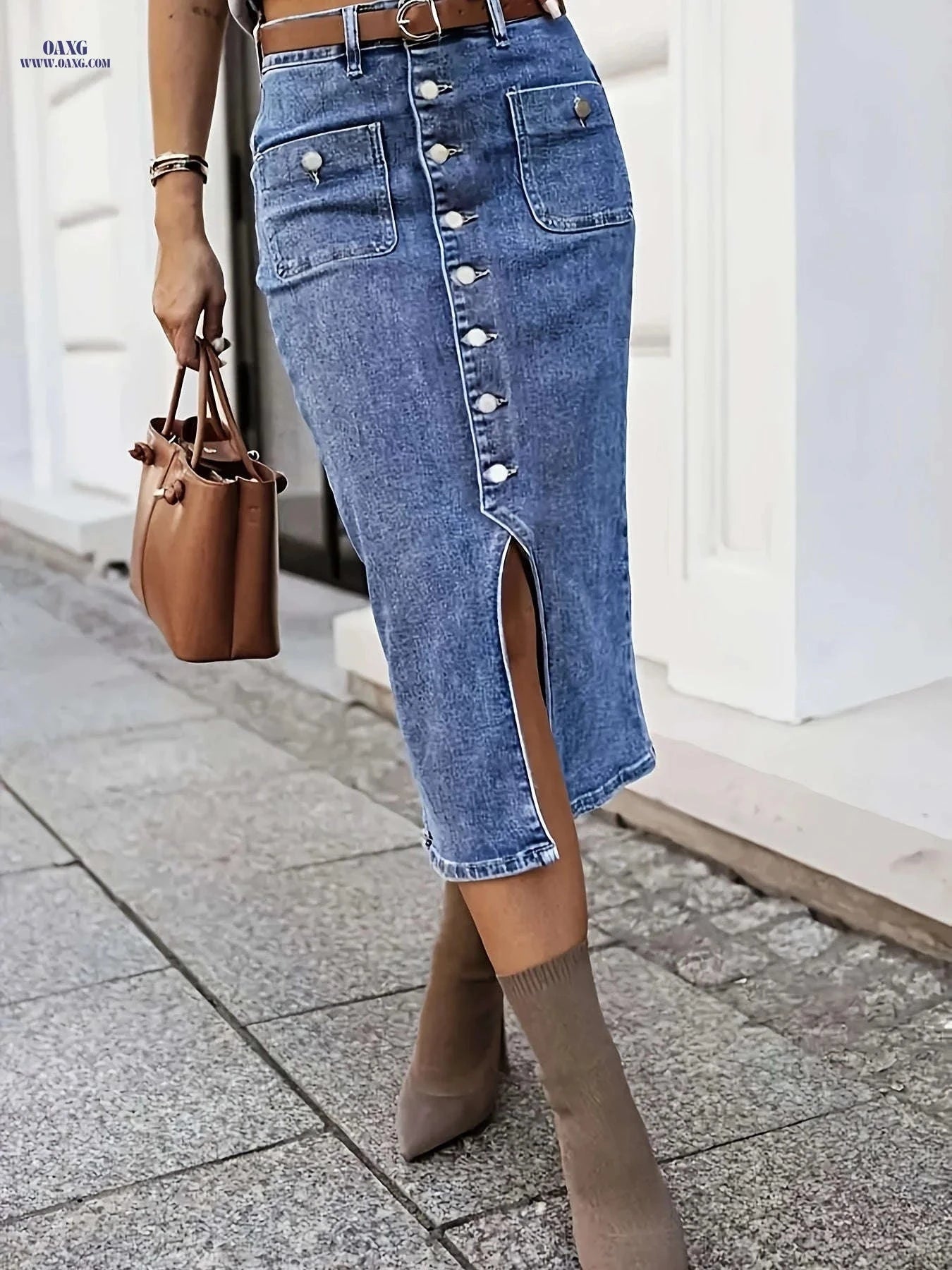 Vintage High-Waisted Denim Midi Skirt - Front Button & Regular Fit   OAXG Dark Blue / S