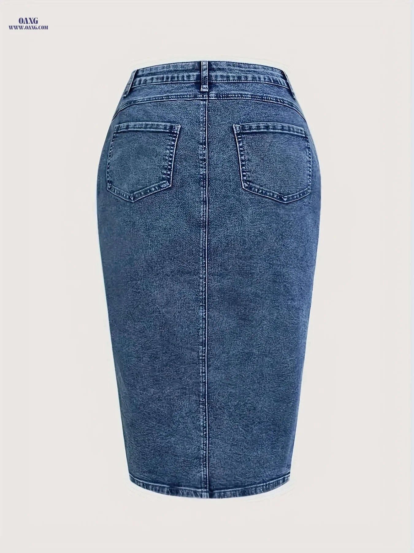 Vintage High-Waisted Denim Midi Skirt - Front Button & Regular Fit   OAXG 