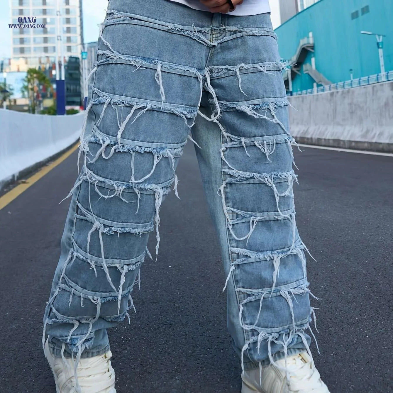 Vintage-Inspired Distressed Jeans - Slim Fit Stretch Denim Pants   OAXG Light Blue / XS