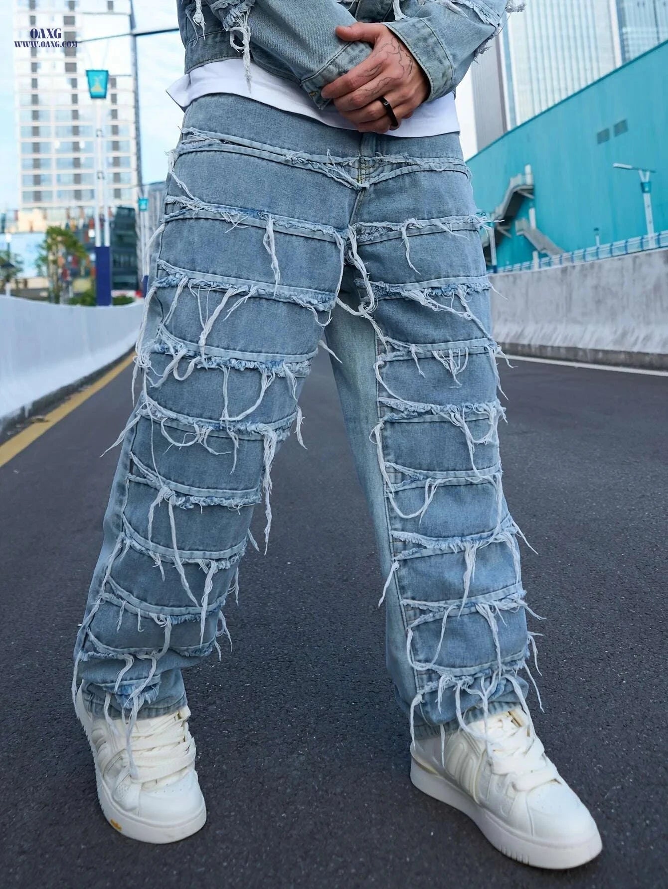 Vintage-Inspired Distressed Jeans - Slim Fit Stretch Denim Pants   OAXG Light Blue / XS