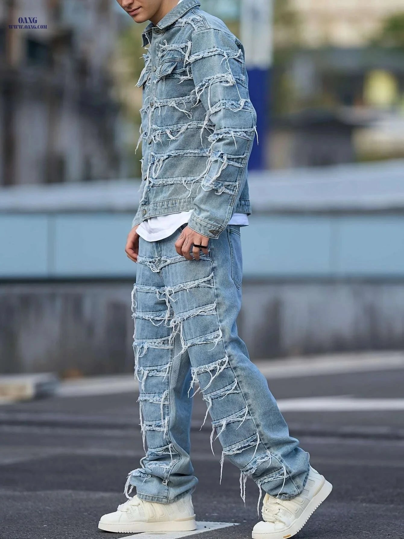 Vintage-Inspired Distressed Jeans - Slim Fit Stretch Denim Pants   OAXG Light Blue / XS
