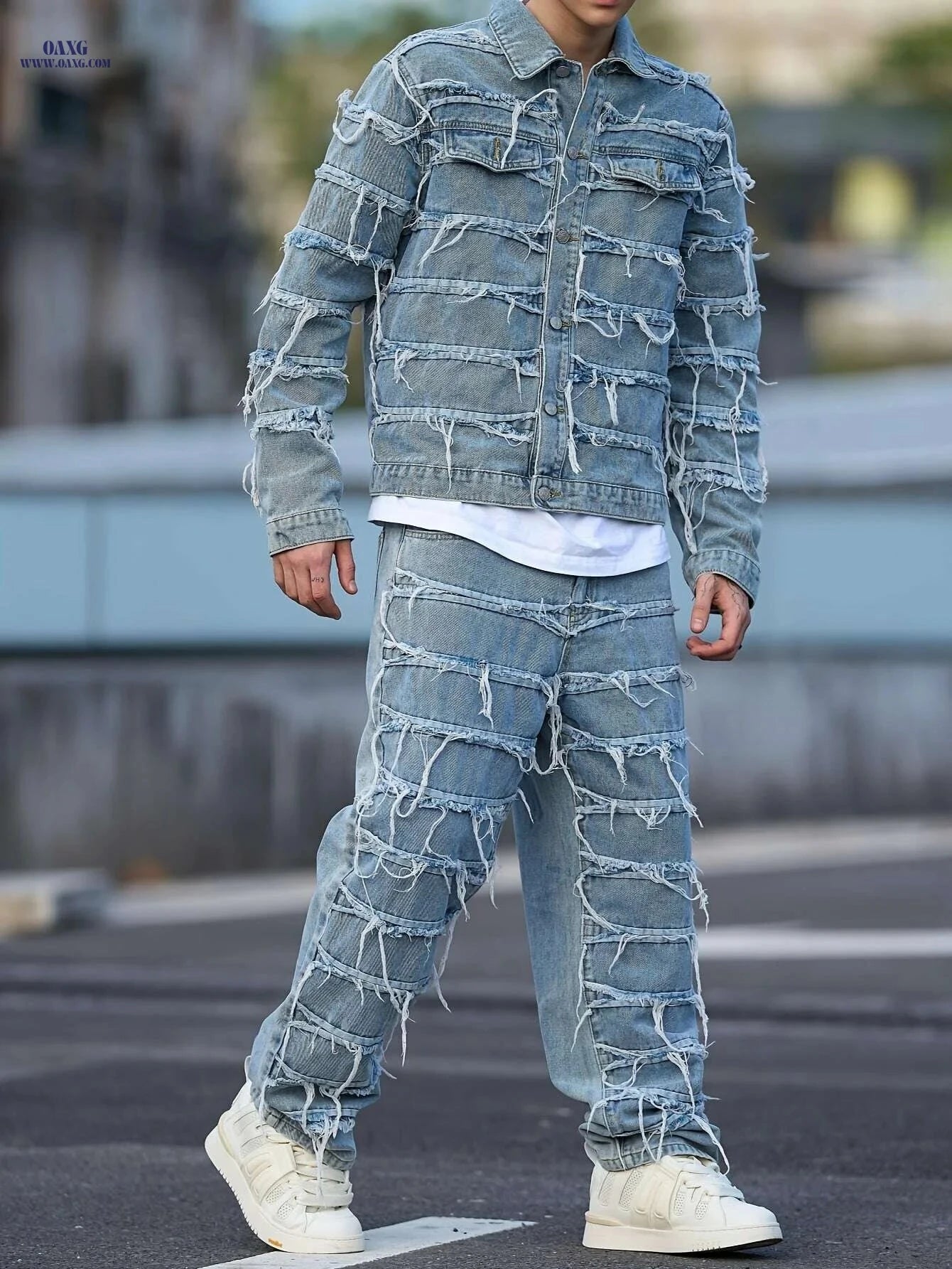 Vintage-Inspired Distressed Jeans - Slim Fit Stretch Denim Pants   OAXG Light Blue / XS