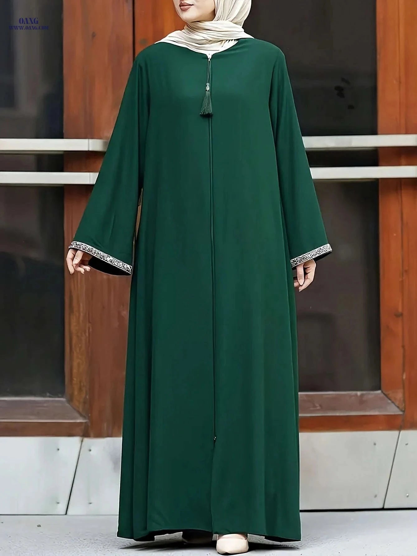 Vintage Long Dress for Women - Relaxed Fit, Round Neck, Solid Color   OAXG Blue / S