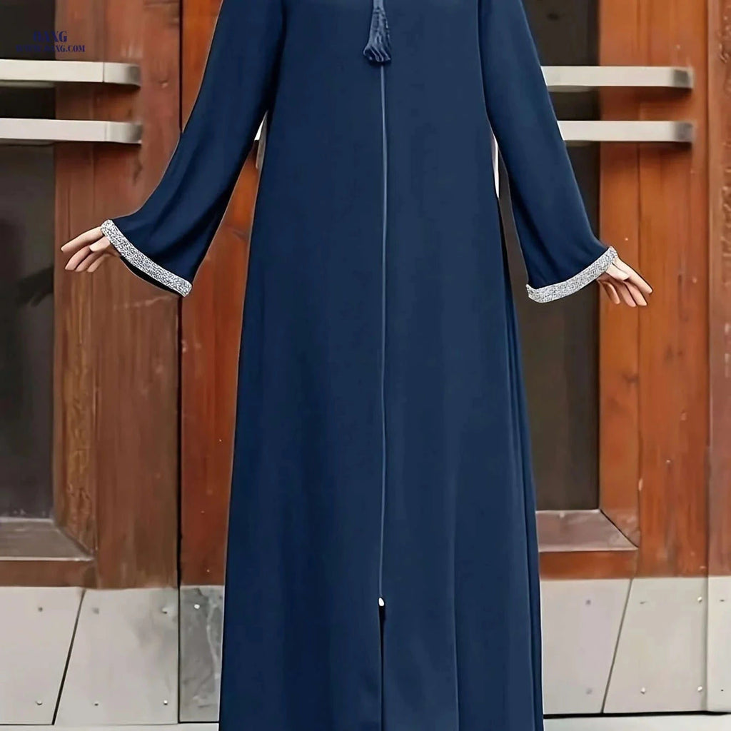 Vintage Long Dress for Women - Relaxed Fit, Round Neck, Solid Color   OAXG 