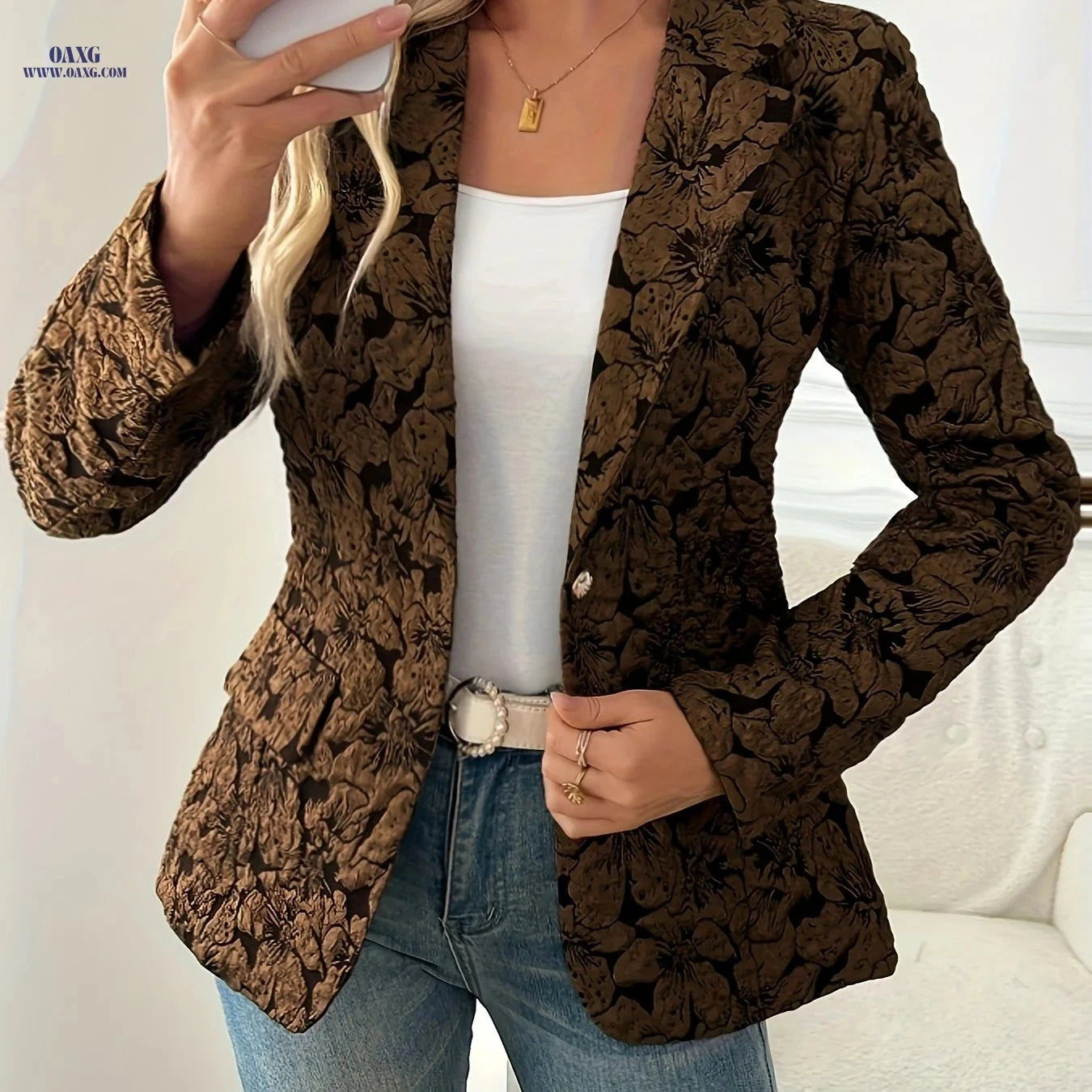 Vintage Print Blazer Jacket for Women - Slim-Fit Casual Layering   OAXG 