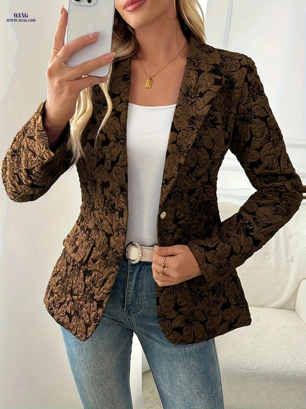 Vintage Print Blazer Jacket for Women - Slim-Fit Casual Layering   OAXG 