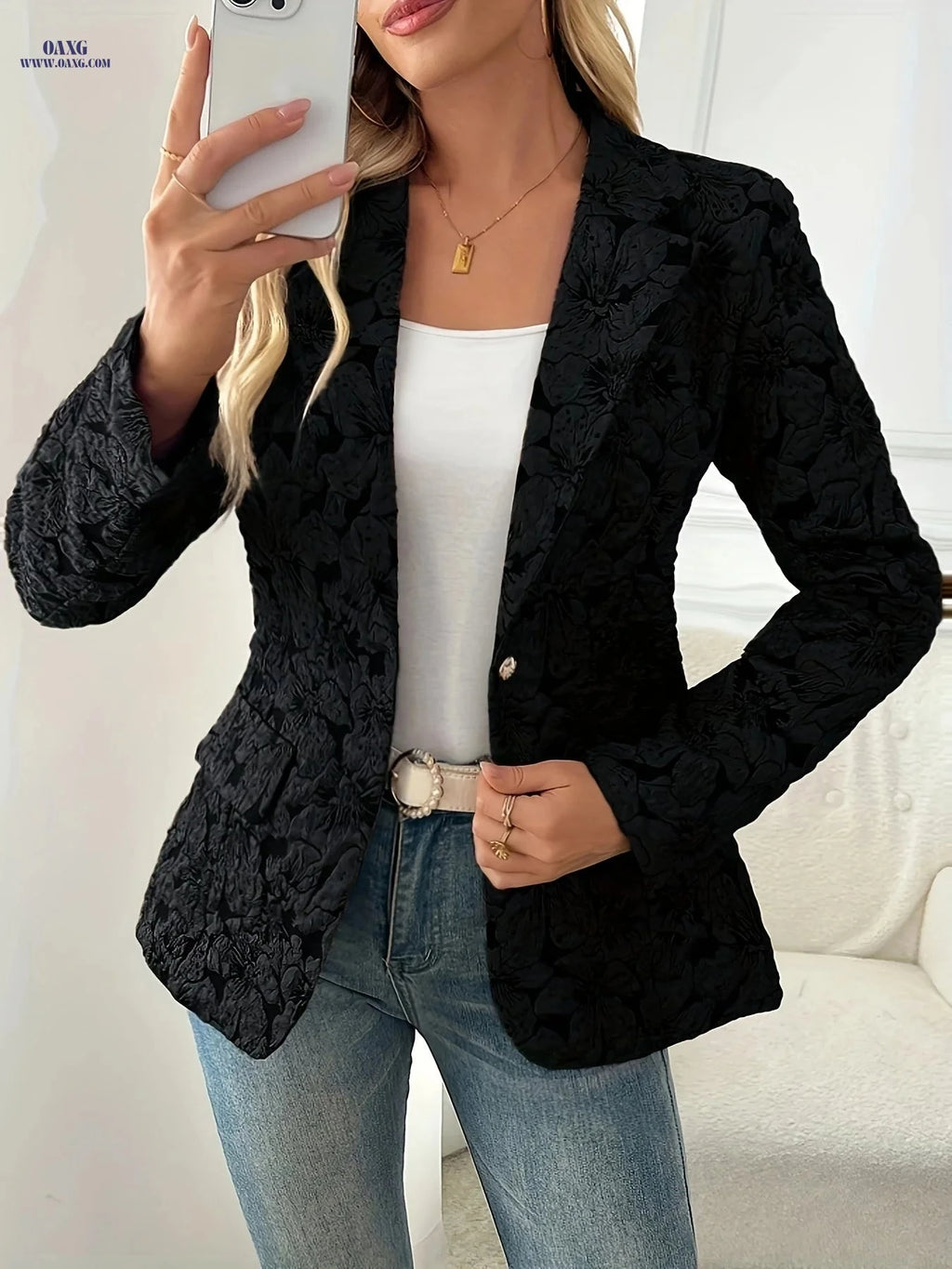 Vintage Print Blazer Jacket for Women - Slim-Fit Casual Layering   OAXG 