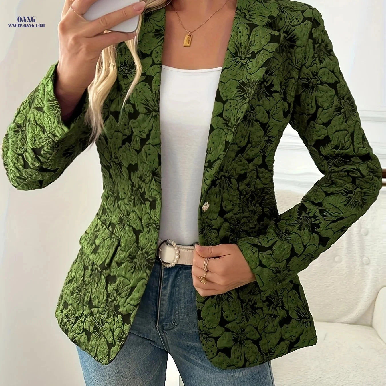 Vintage Print Blazer Jacket for Women - Slim-Fit Casual Layering   OAXG Navy Color / S