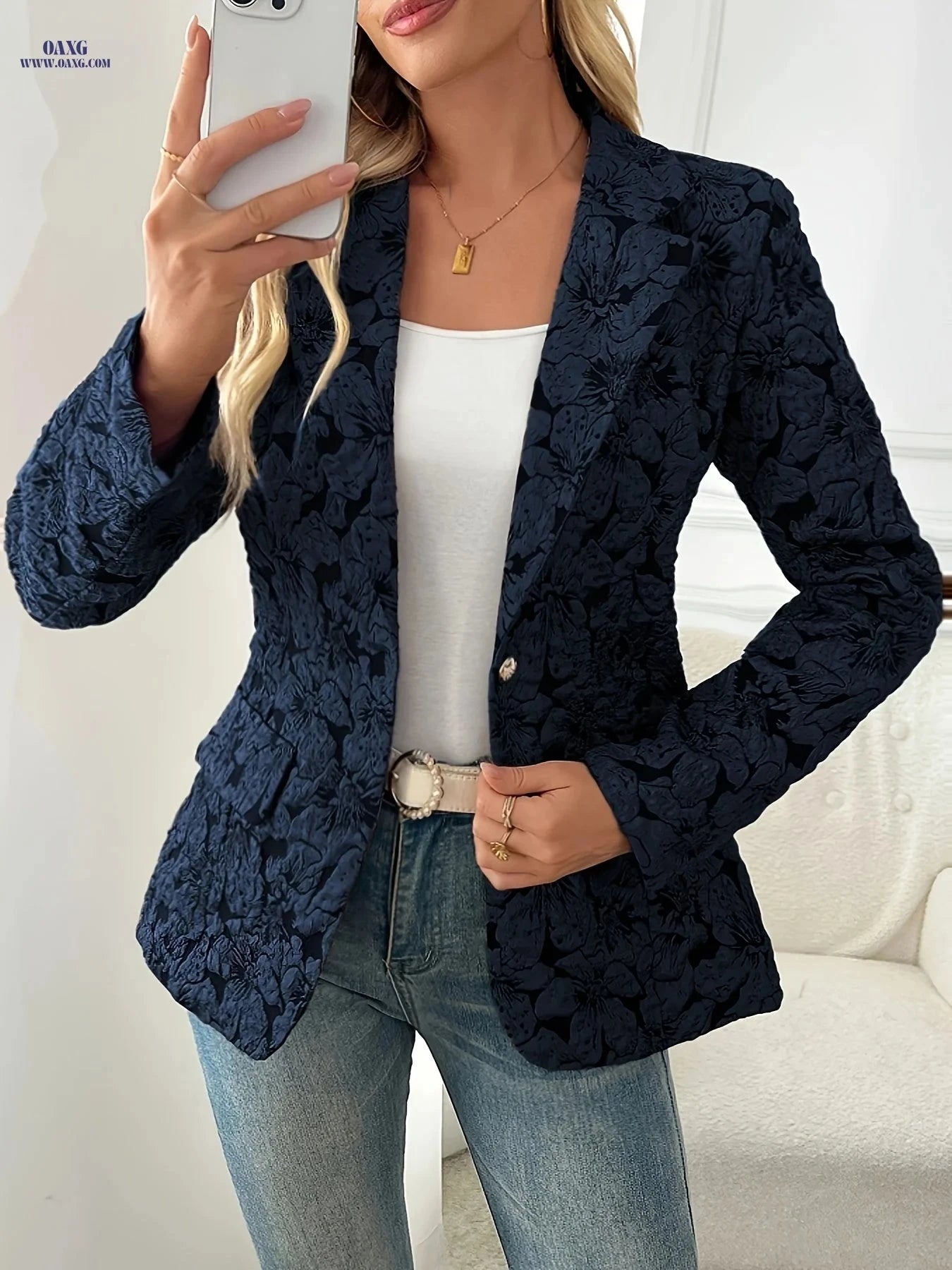 Vintage Print Blazer Jacket for Women - Slim-Fit Casual Layering   OAXG Navy Color / S