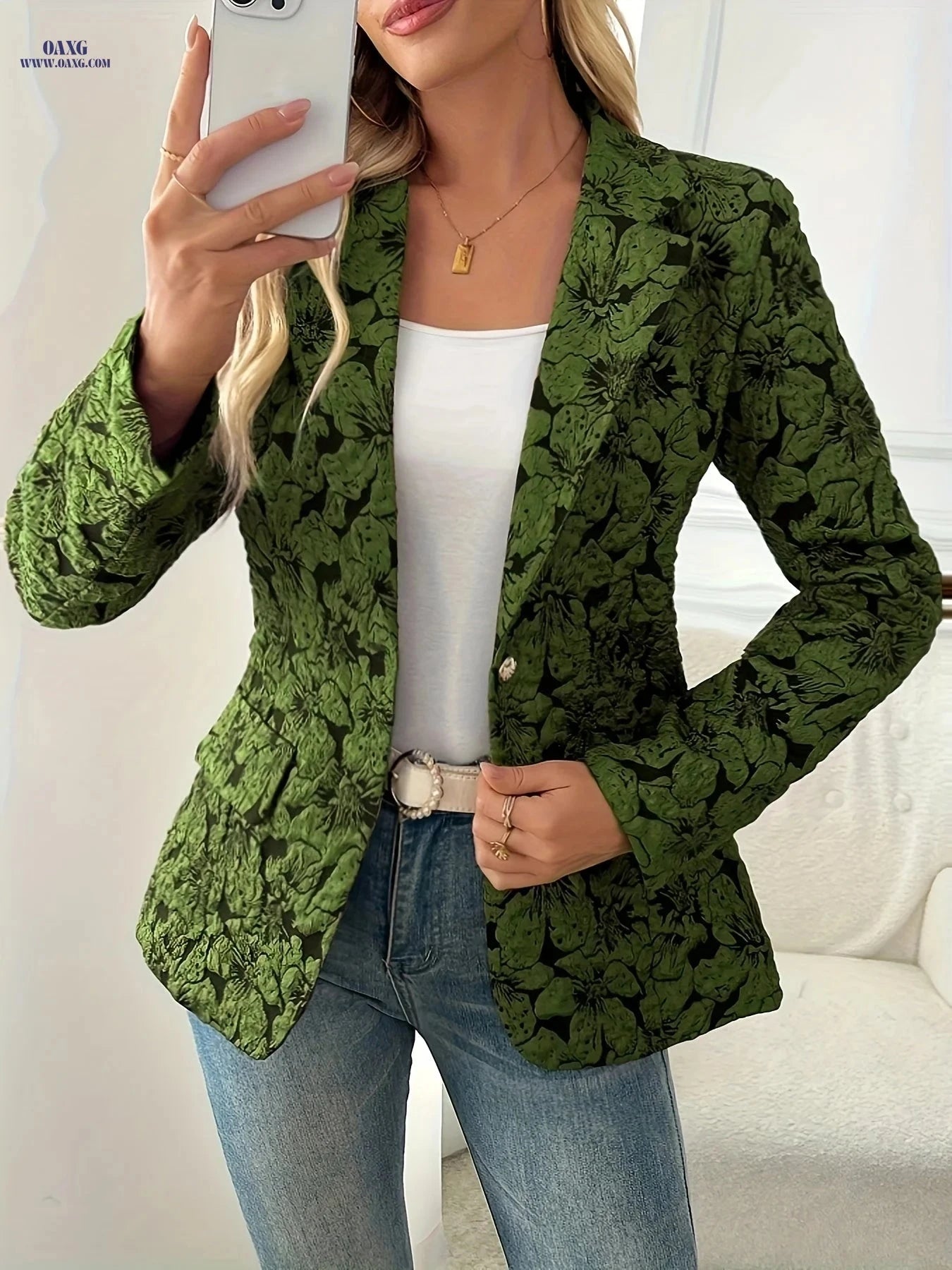 Vintage Print Blazer Jacket for Women - Slim-Fit Casual Layering   OAXG Navy Color / S
