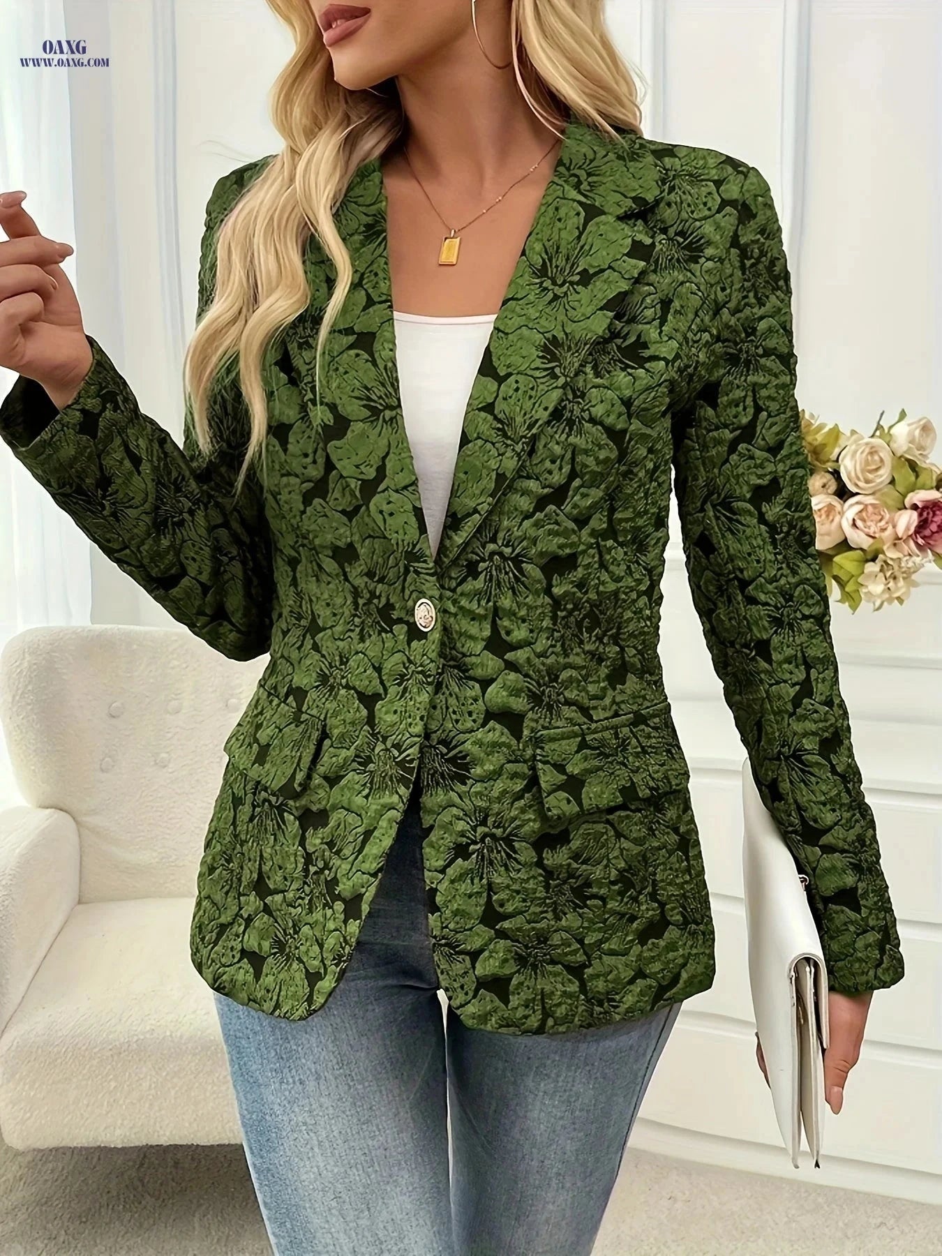 Vintage Print Blazer Jacket for Women - Slim-Fit Casual Layering   OAXG Navy Color / S