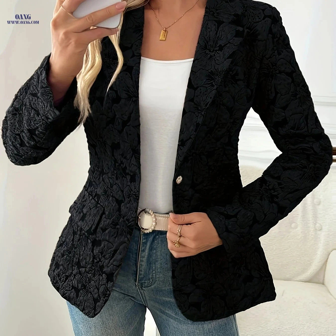 Vintage Print Blazer Jacket for Women - Slim-Fit Casual Layering   OAXG Navy Color / S