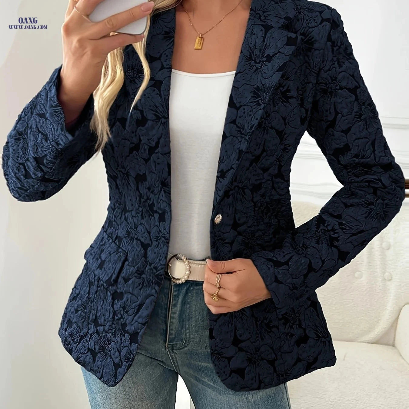 Vintage Print Blazer Jacket for Women - Slim-Fit Casual Layering   OAXG Navy Color / S