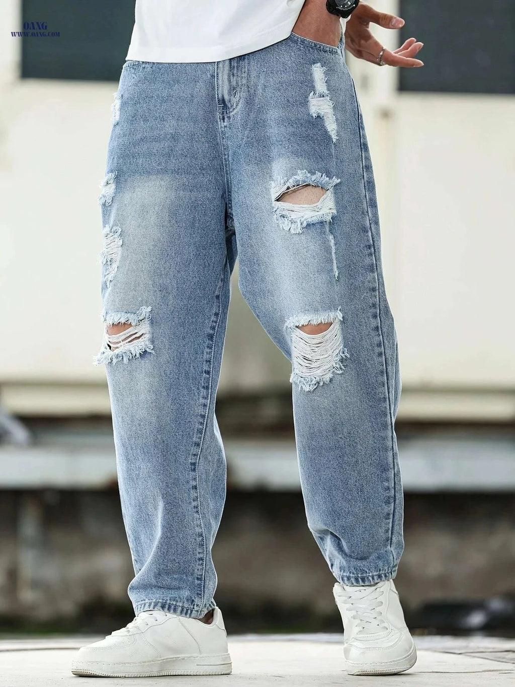 Vintage Ripped Jeans for Men - Loose Fit, Distressed Style Pants   OAXG Blue / XS