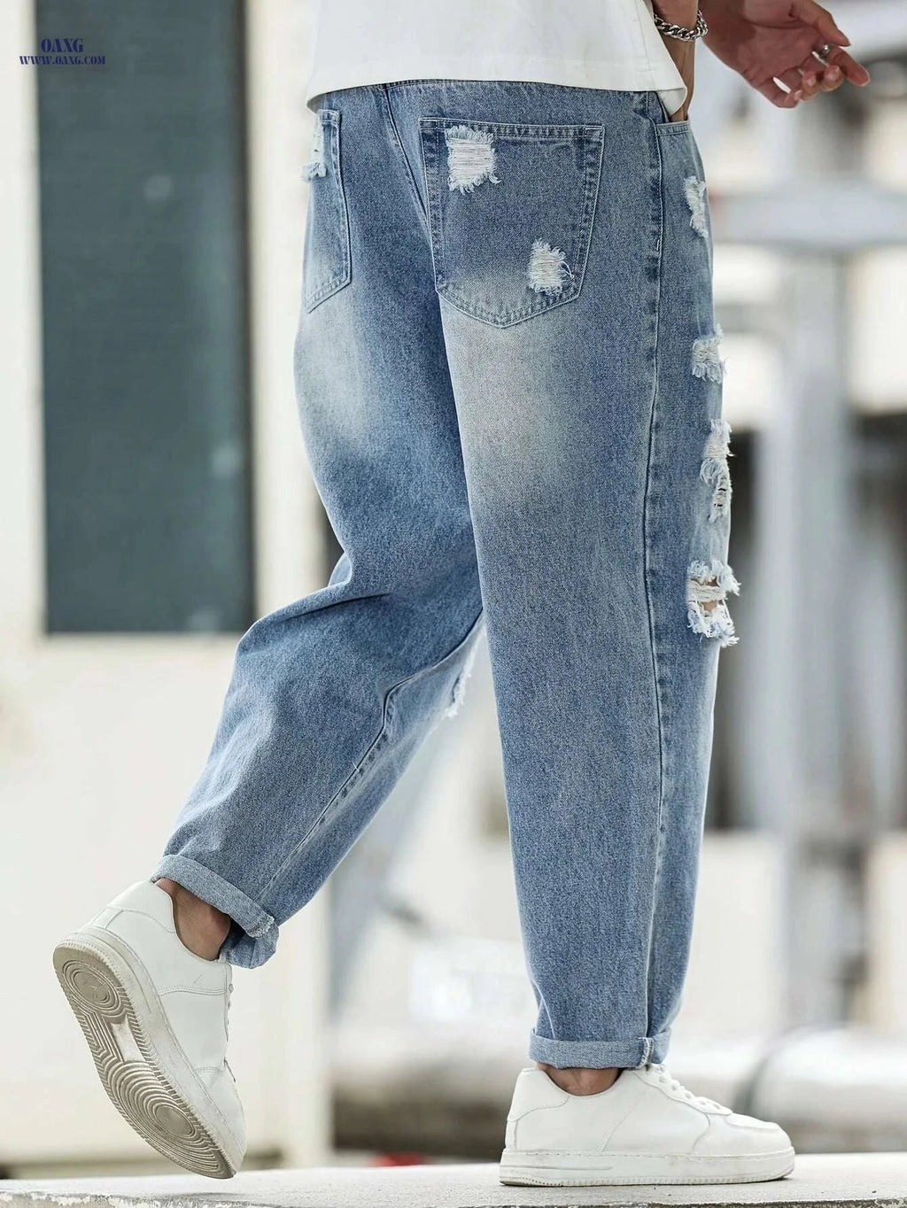 Vintage Ripped Jeans for Men - Loose Fit, Distressed Style Pants   OAXG Blue / XS