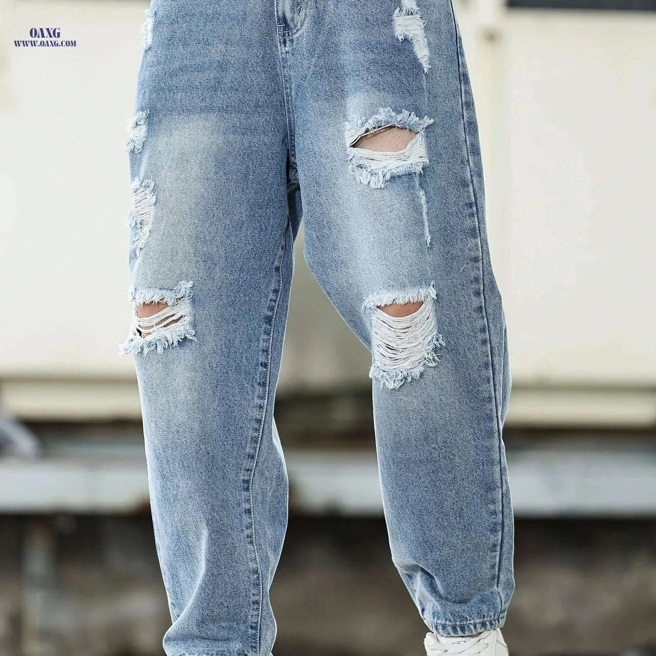 Vintage Ripped Jeans for Men - Loose Fit, Distressed Style Pants   OAXG Blue / XS