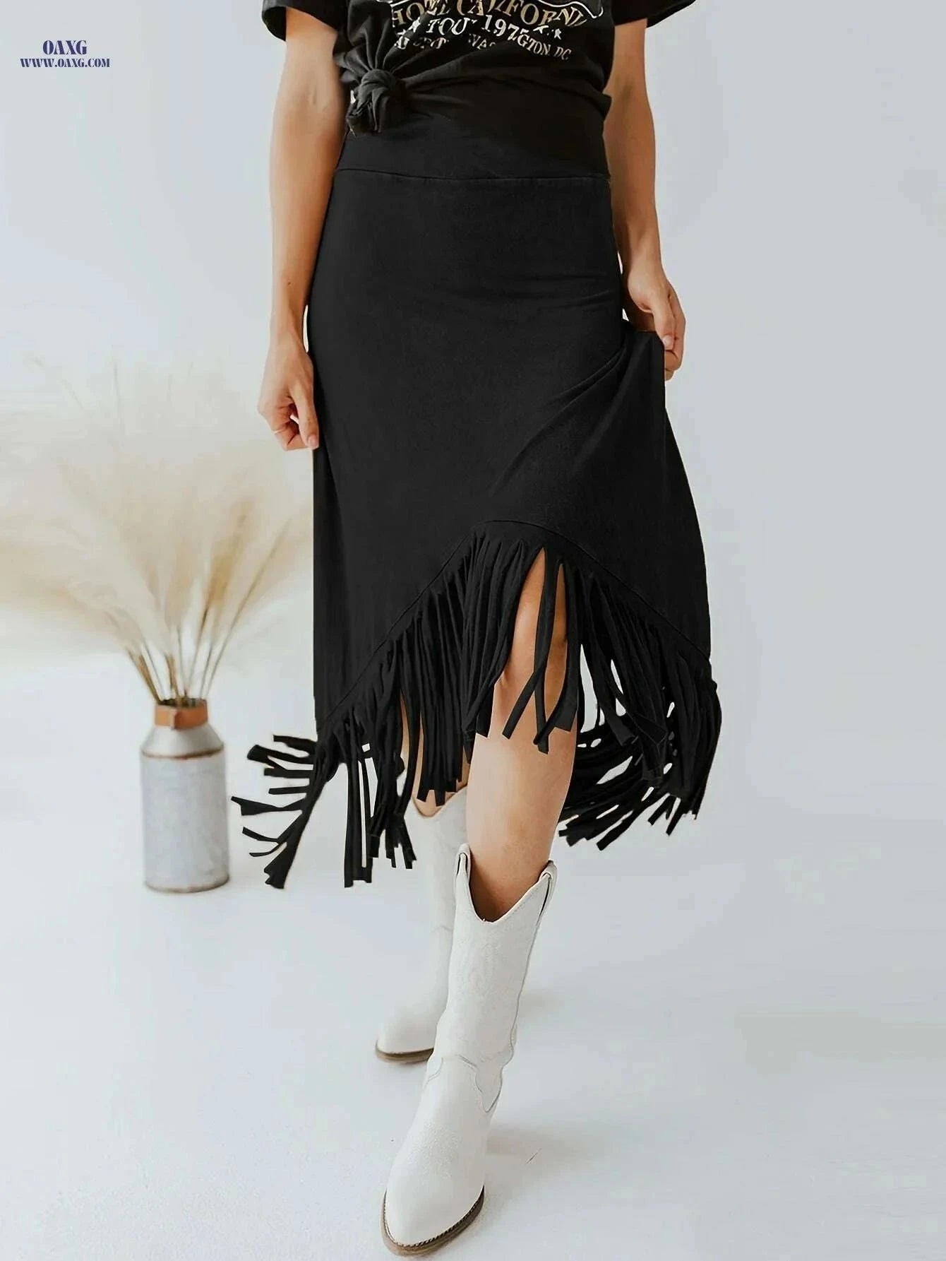 Vintage Solid Midi Skirts for Women - Tassel High Waist Style   OAXG Rust / S