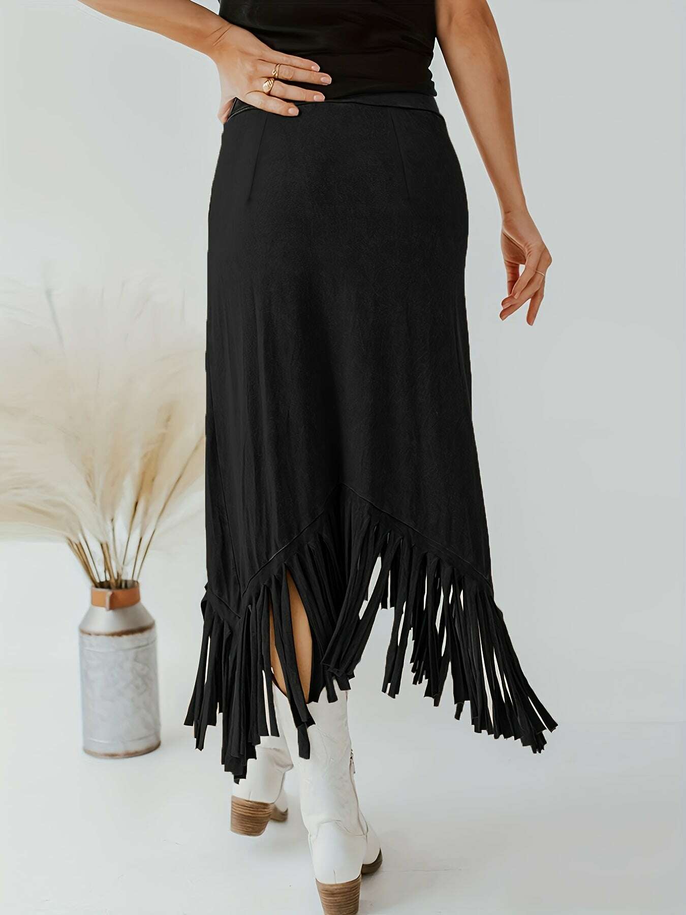 Vintage Solid Midi Skirts for Women - Tassel High Waist Style   OAXG Rust / S