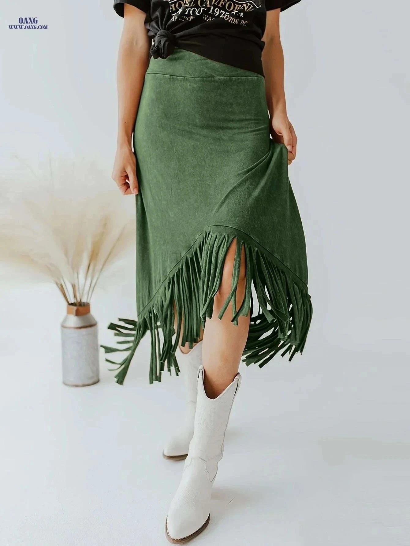 Vintage Solid Midi Skirts for Women - Tassel High Waist Style   OAXG Rust / S