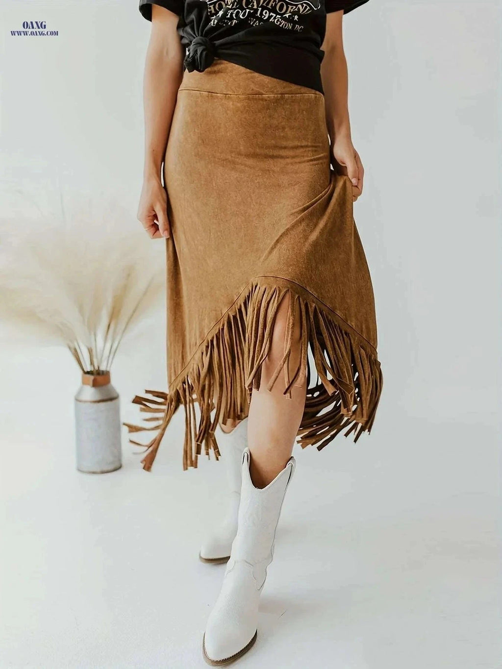 Vintage Solid Midi Skirts for Women - Tassel High Waist Style   OAXG Rust / S