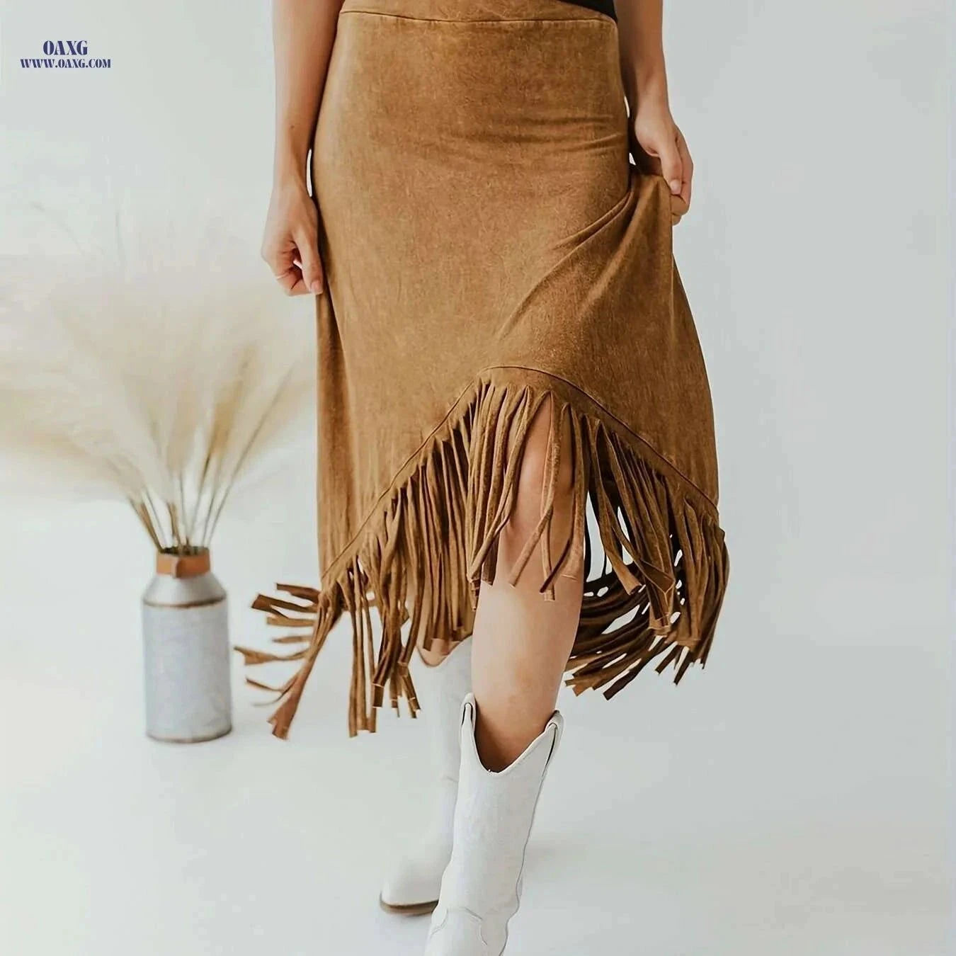 Vintage Solid Midi Skirts for Women - Tassel High Waist Style   OAXG Rust / S