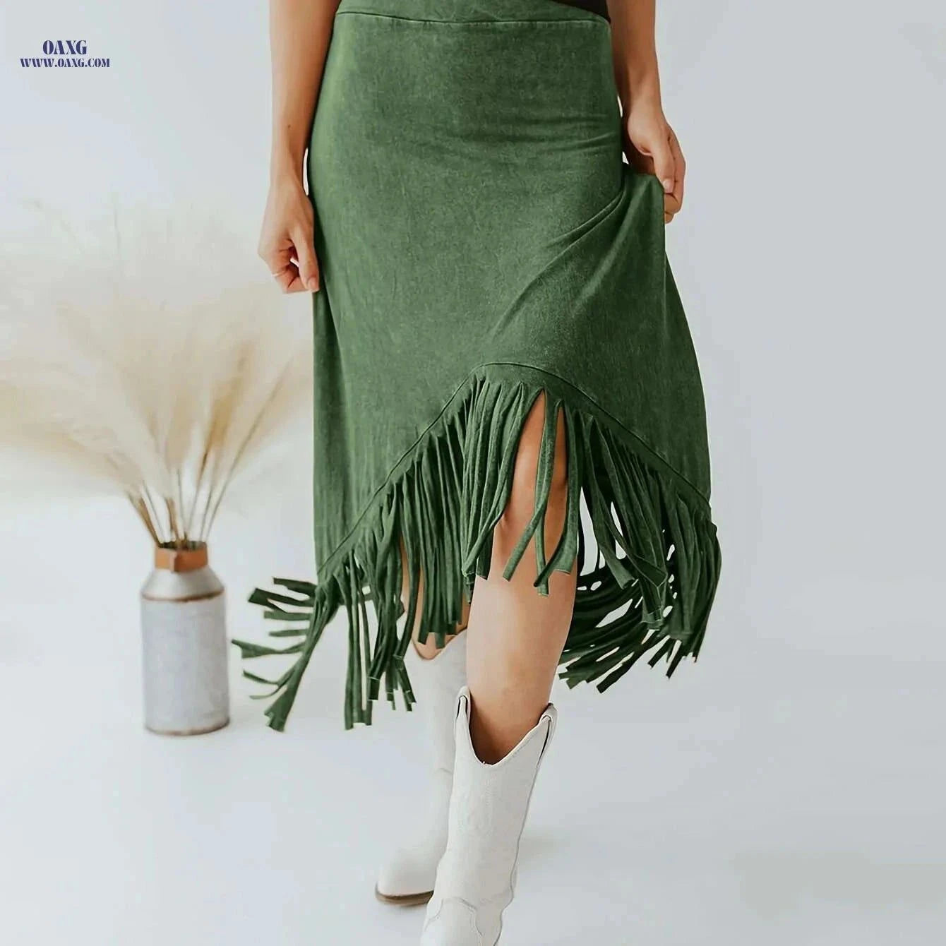 Vintage Solid Midi Skirts for Women - Tassel High Waist Style   OAXG Rust / S
