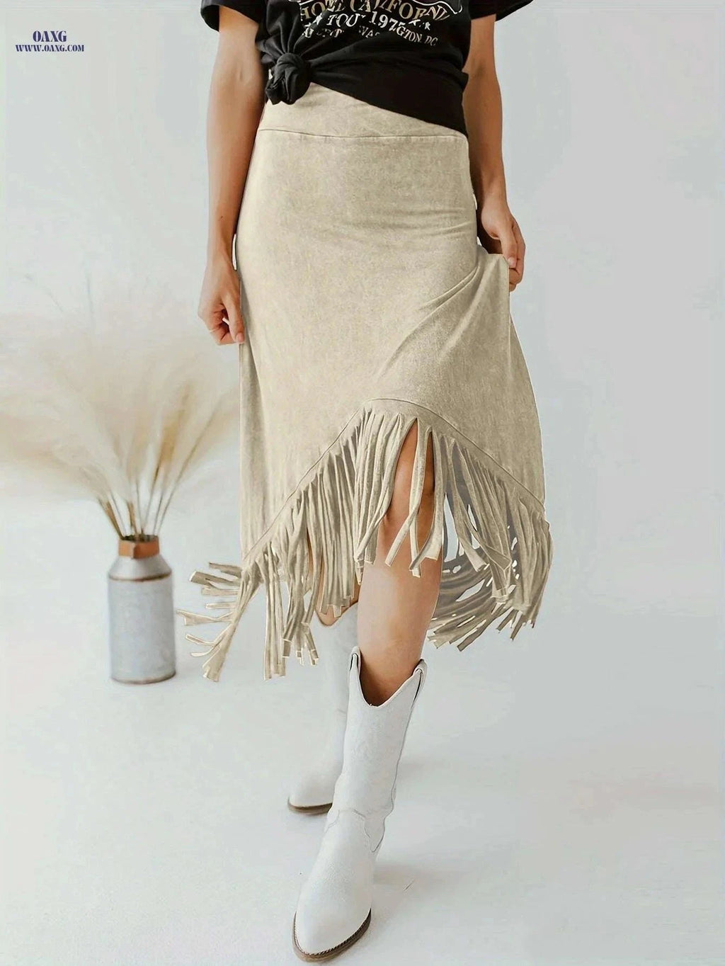 Vintage Solid Midi Skirts for Women - Tassel High Waist Style   OAXG Rust / S
