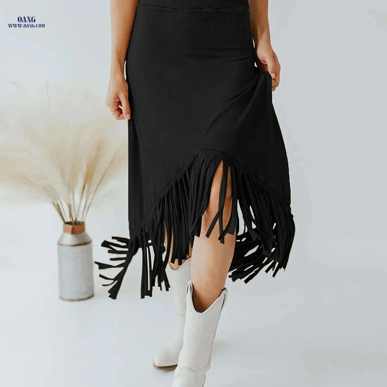 Vintage Solid Midi Skirts for Women - Tassel High Waist Style   OAXG Rust / S