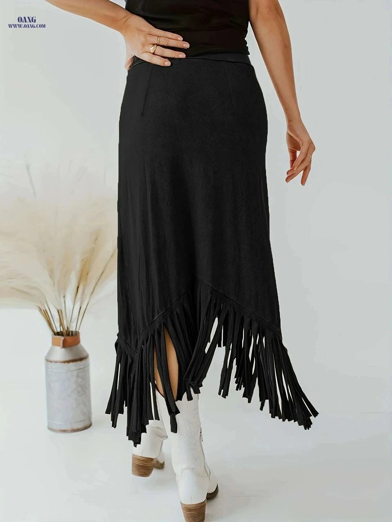 Vintage Solid Midi Skirts for Women - Tassel High Waist Style   OAXG Rust / S