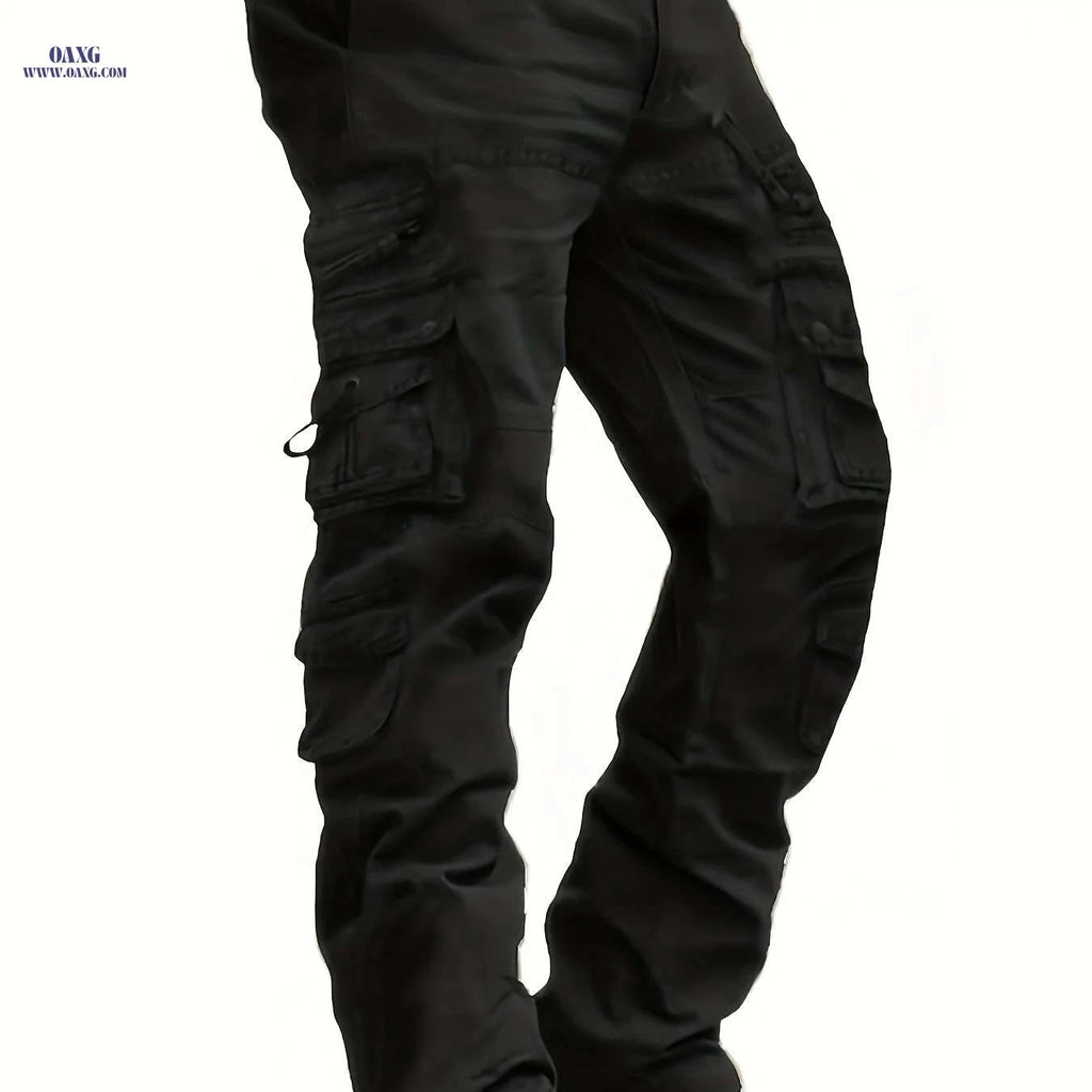 Vintage Style Men's Cargo Pants - 100% Cotton, Mid Waist, Multi-Pocket   OAXG Black / 32