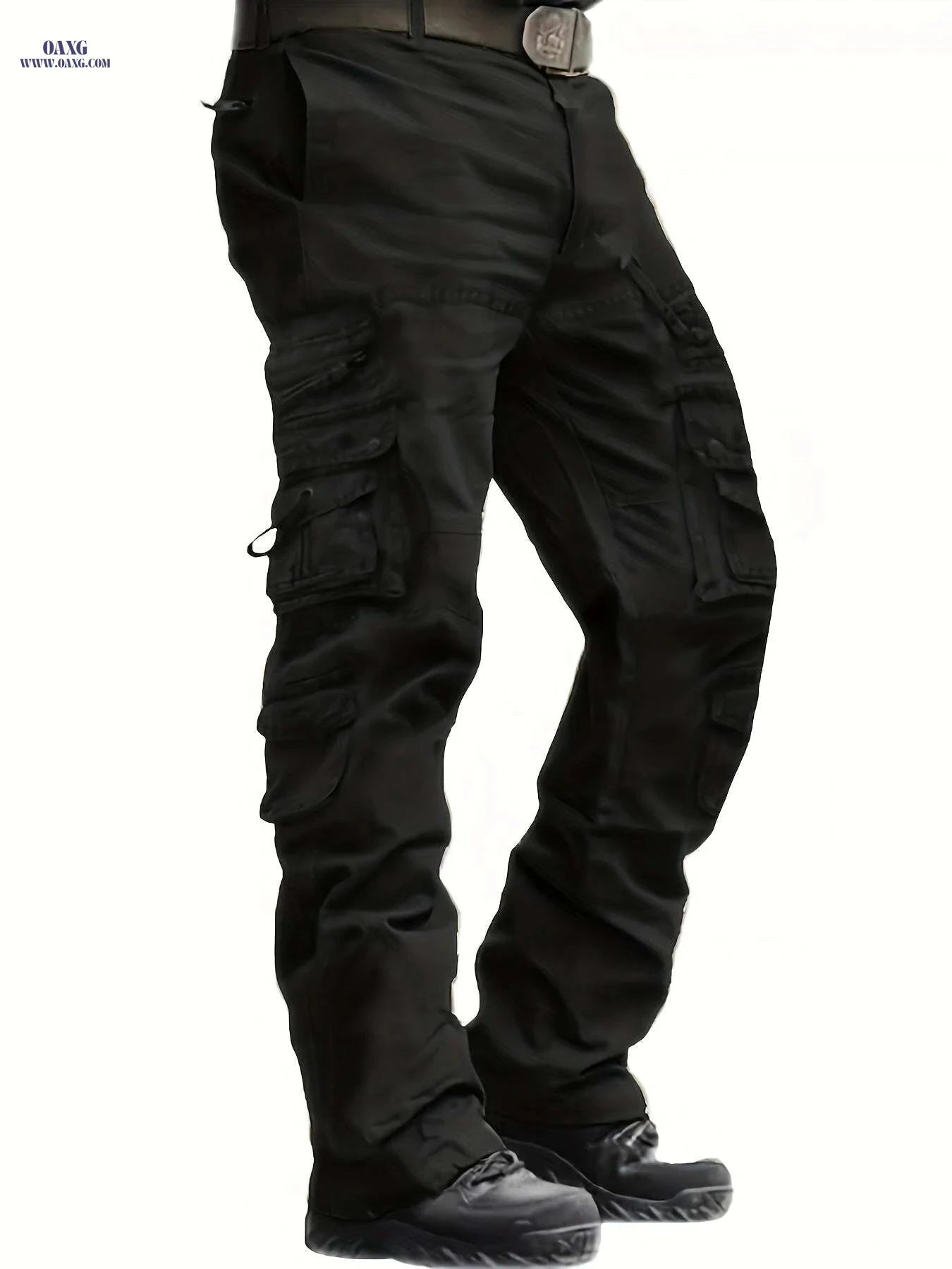 Vintage Style Men's Cargo Pants - 100% Cotton, Mid Waist, Multi-Pocket   OAXG Black / 32