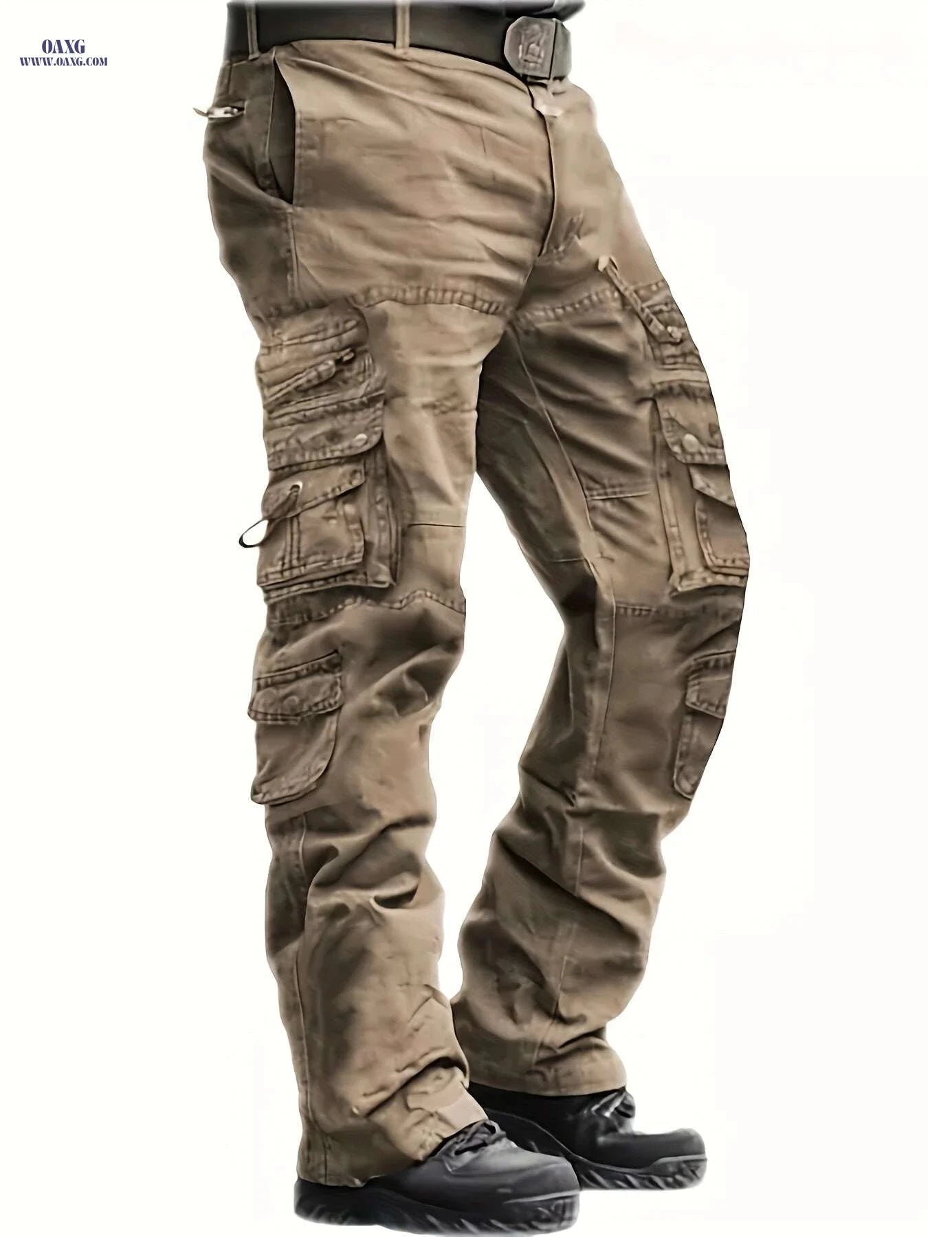 Vintage Style Men's Cargo Pants - 100% Cotton, Mid Waist, Multi-Pocket   OAXG Black / 32