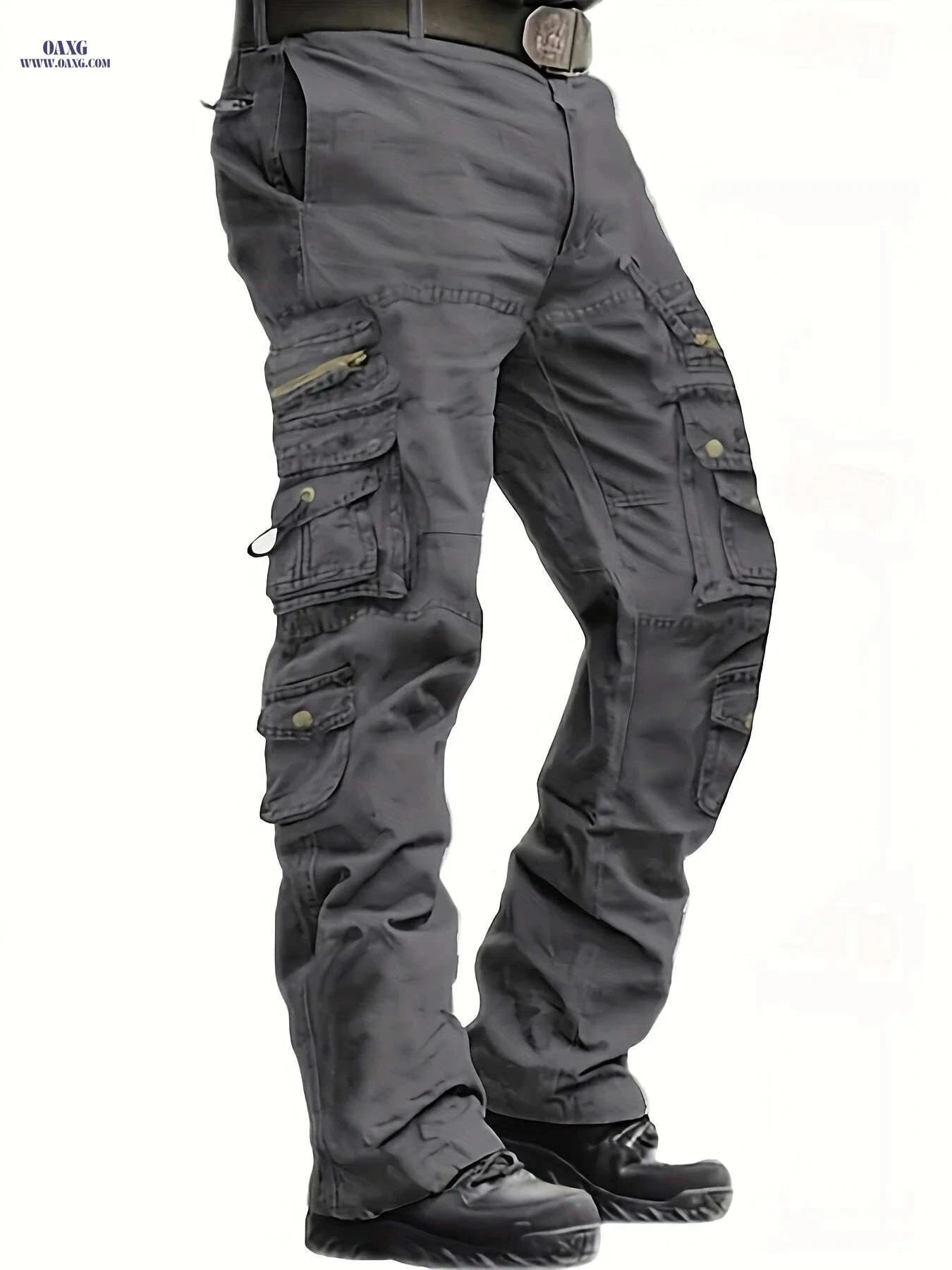 Vintage Style Men's Cargo Pants - 100% Cotton, Mid Waist, Multi-Pocket   OAXG Black / 32