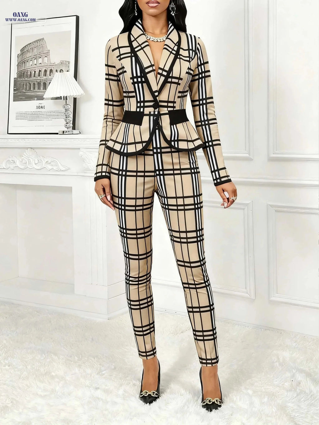 Vintage-Style Plaid Print Blazer & Trousers Set - Elegant Design   OAXG 
