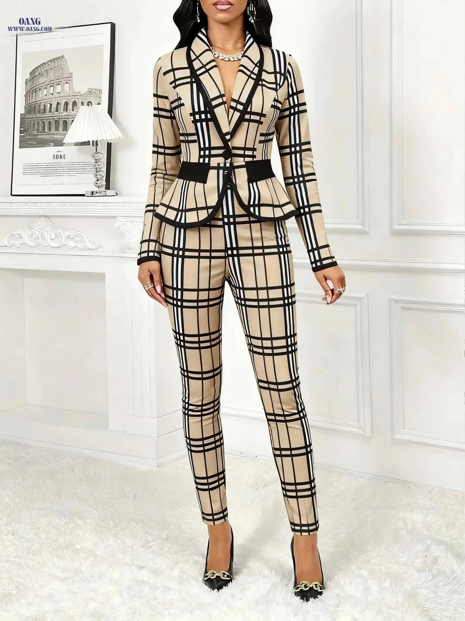 Vintage-Style Plaid Print Blazer & Trousers Set - Elegant Design   OAXG 