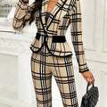 Vintage-Style Plaid Print Blazer & Trousers Set - Elegant Design   OAXG Mixed colors / S