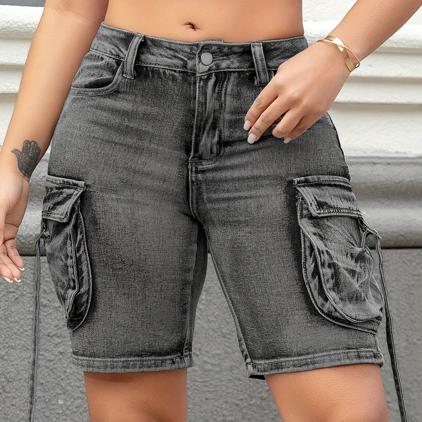 Vintage Style Solid Color Bermuda Shorts - Summer, Pockets, Woven   OAXG Black / XS