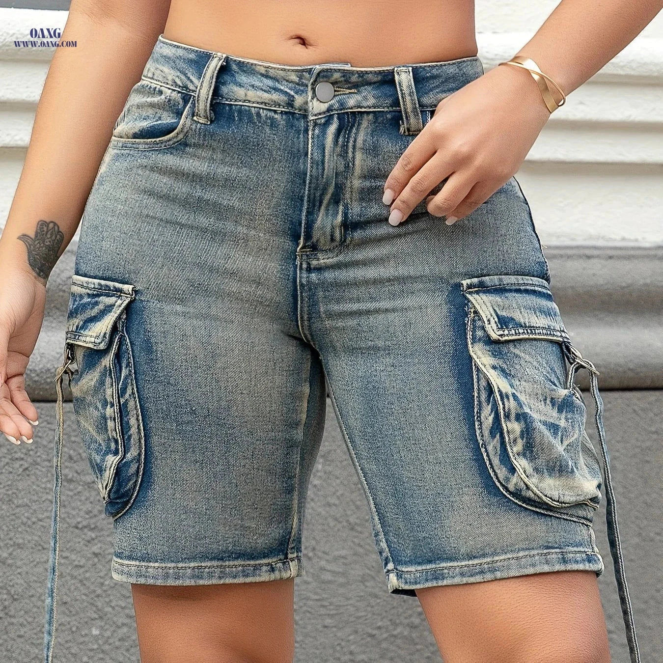 Vintage Style Solid Color Bermuda Shorts - Summer, Pockets, Woven   OAXG 