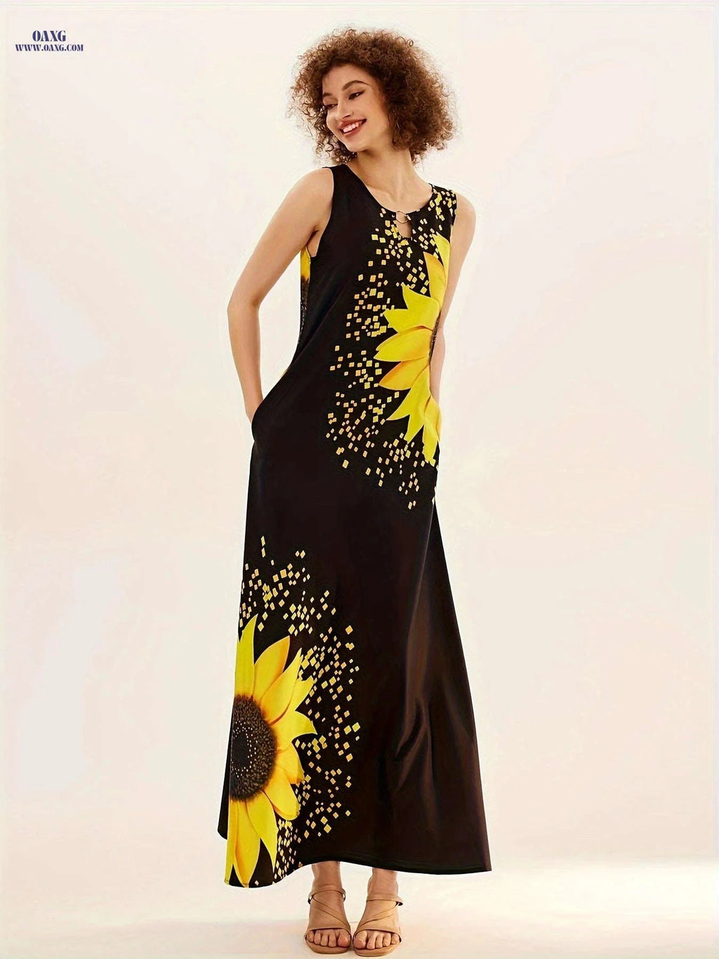 Vintage Sunflower Print Sleeveless Dress - Casual Long Pocket Style   OAXG 