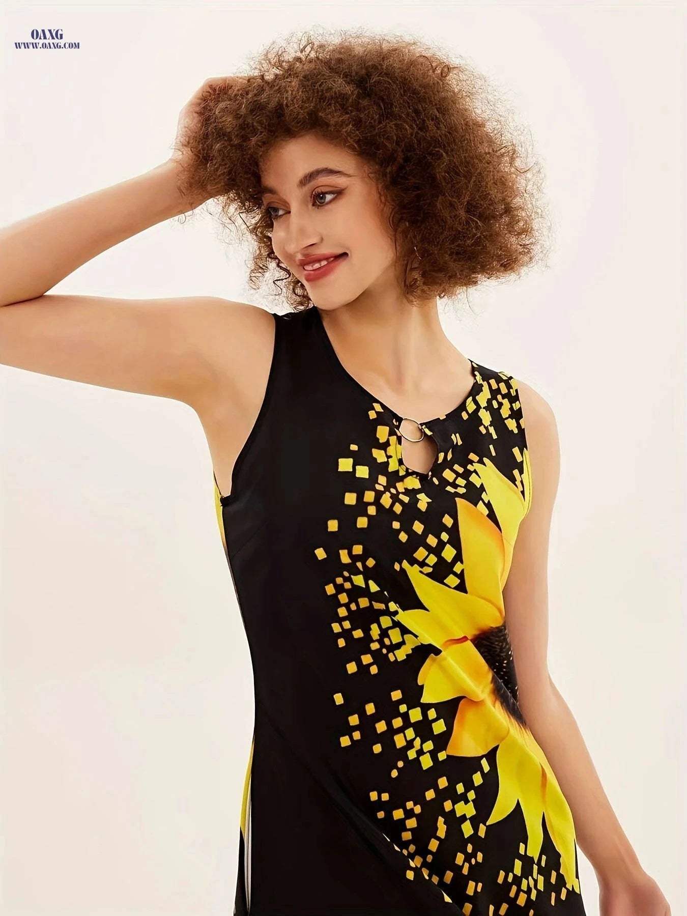 Vintage Sunflower Print Sleeveless Dress - Casual Long Pocket Style   OAXG 