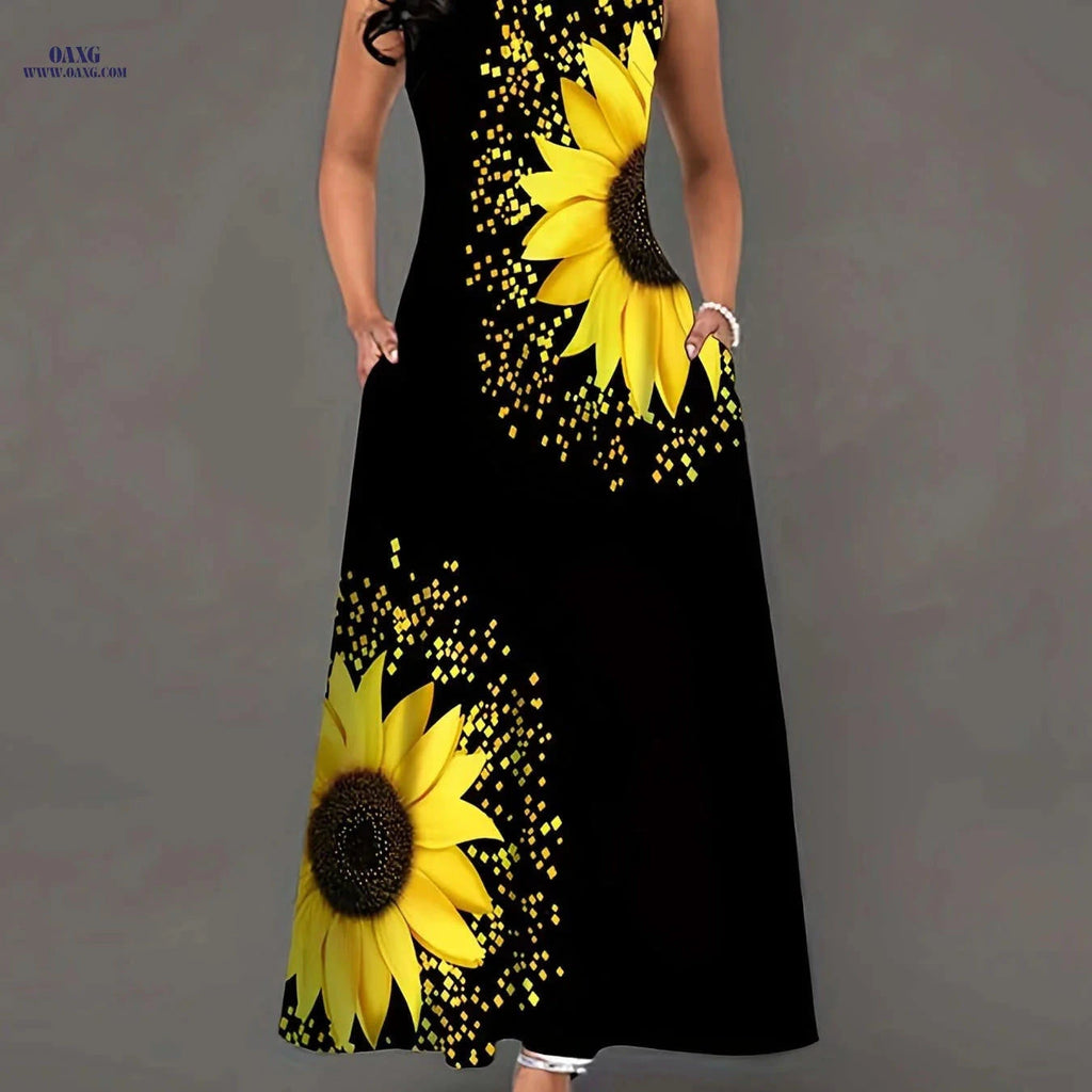 Vintage Sunflower Print Sleeveless Dress - Casual Long Pocket Style   OAXG 