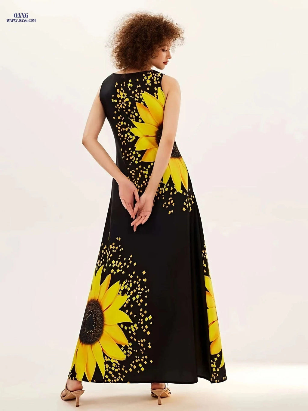 Vintage Sunflower Print Sleeveless Dress - Casual Long Pocket Style   OAXG 