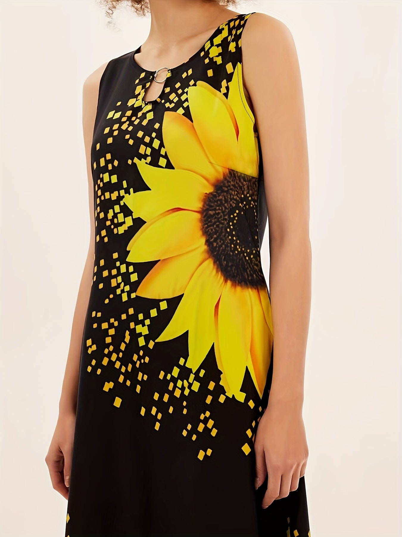 Vintage Sunflower Print Sleeveless Dress - Casual Long Pocket Style   OAXG Black / S
